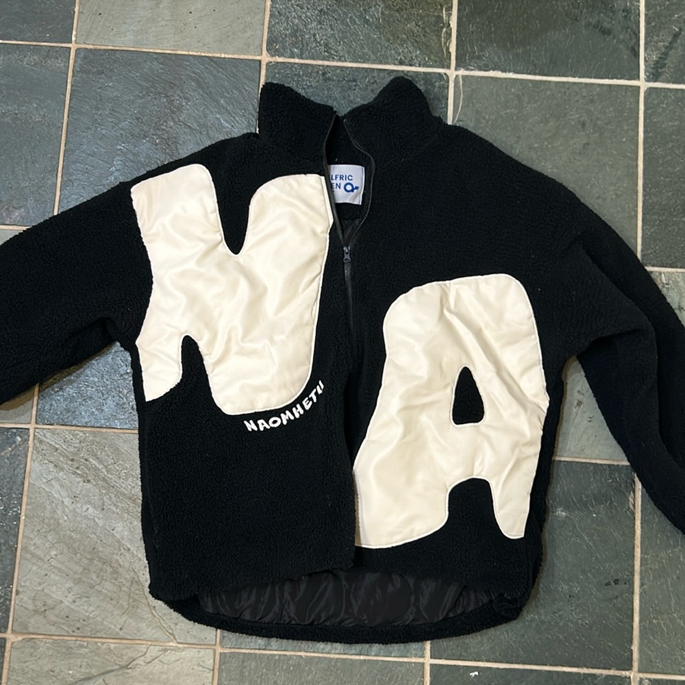 Aelfric Eden jacket “Naomheth” fuzzy black with white leather letters